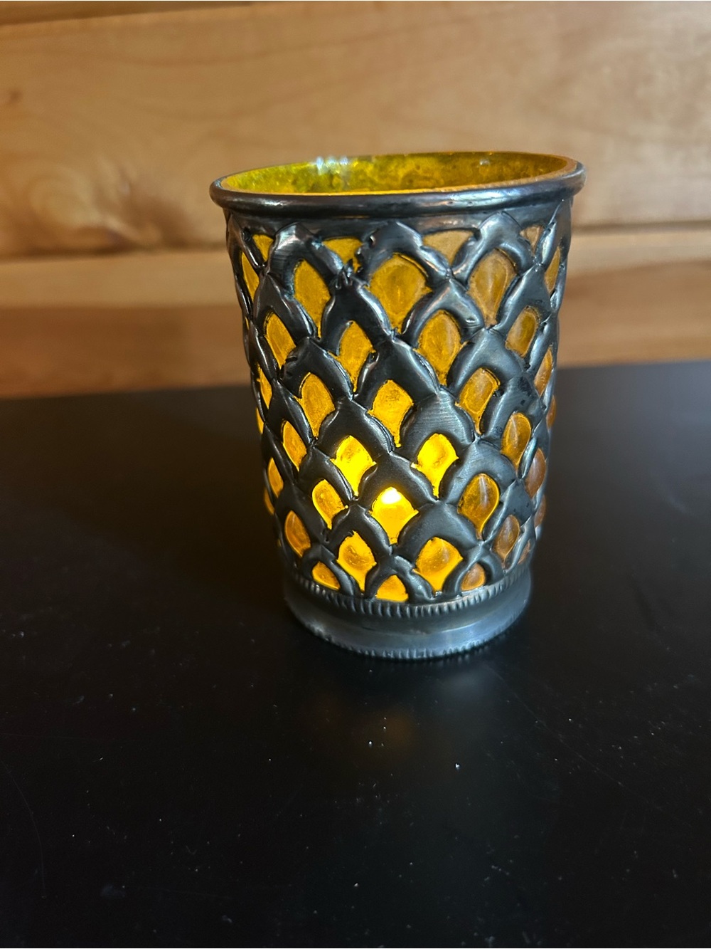 Amber Glass and Silver Plated Lattice Votive Holder
